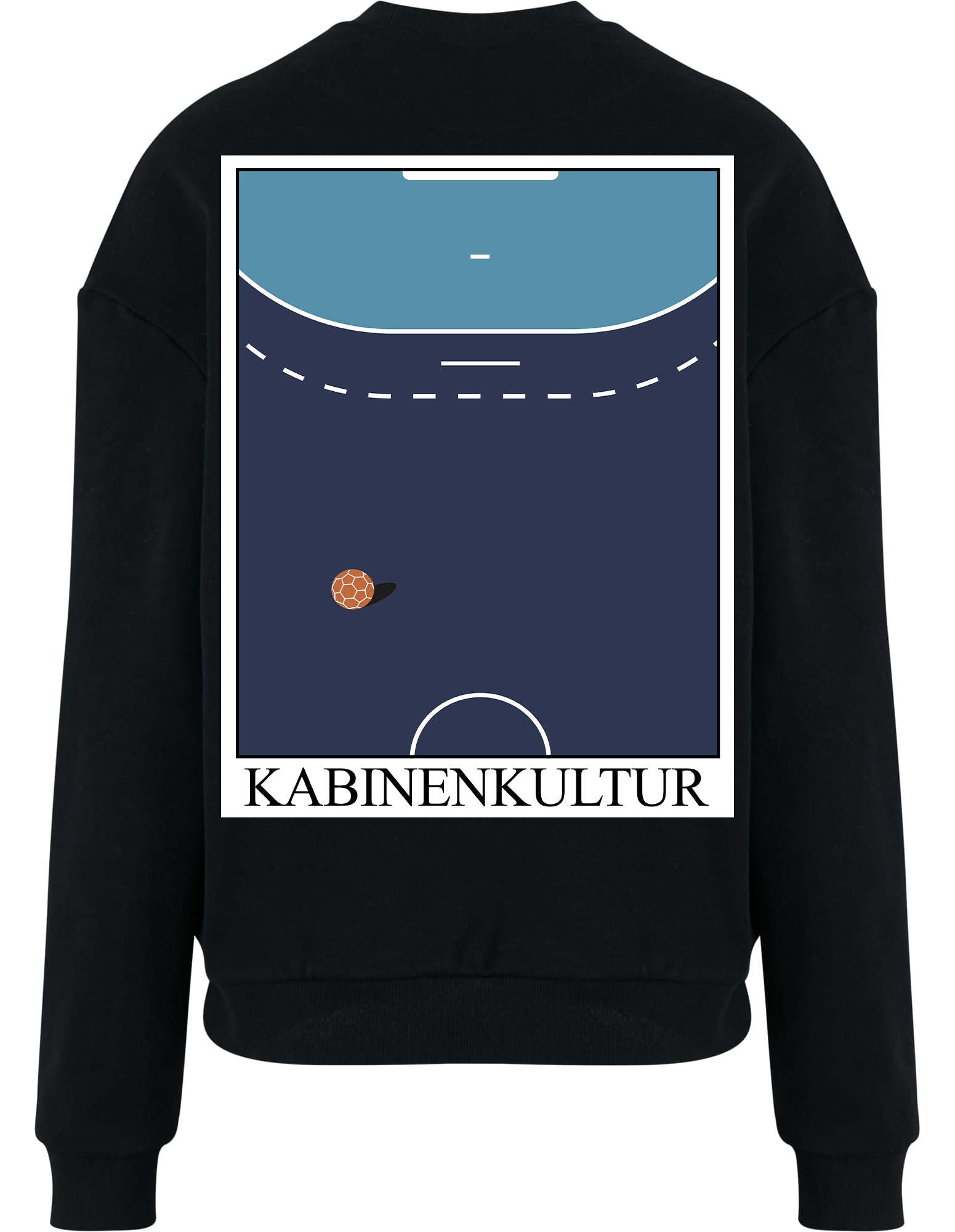 Schwarzes Sweatshirt mit Handballspielfeld-Design von 7M Couture, Streetwear-Stil.