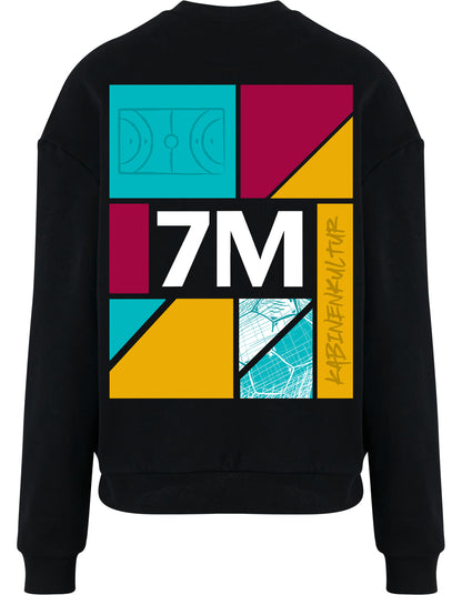 Schwarzes Sweatshirt mit buntem Handball-Design von 7M Couture, Streetwear-Stil.